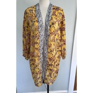 Japna Women’s Kimono Topper Cardigan Yellow Floral Hawaiian Beach Cruise Coverup